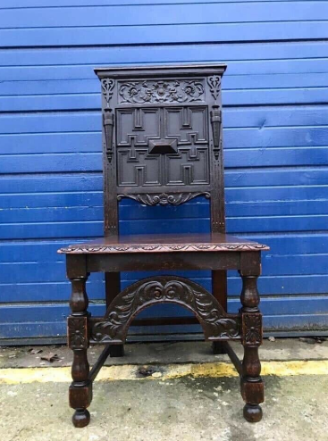 Antique Oak Highly Carved Hall Chair  1