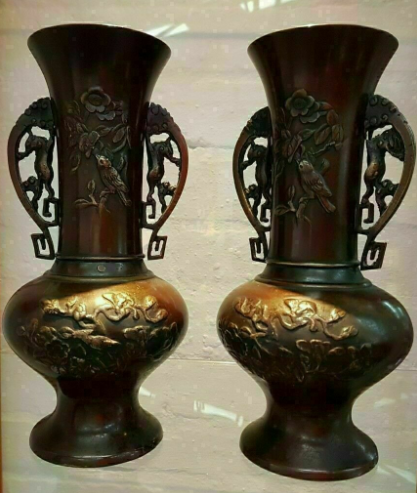 Pair Of Japanese Bronze Vases  0