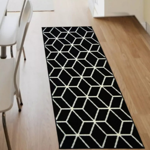 Black Geometric Runner Rug Carpet New  0