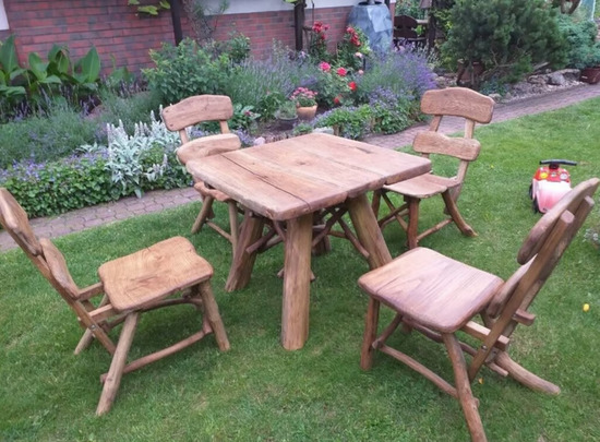 Solid Hand Made Wooden Garden Furniture, Table + 4 chairs, Oak  4