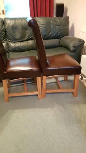 Oak Furniture Land Dining Table Chairs x 4 in Solid Natural Oak and Brown Leather.  1