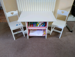 White Kids Children Table and 2X Chairs