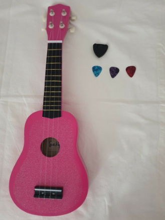 Kids Pink Sparkly Ukulele with Case and Picks  3