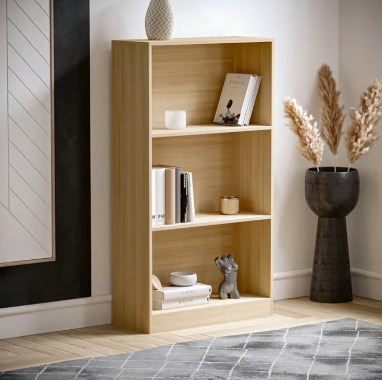 3 Tier Medium Bookcase, Oak Wooden Shelving Display Storage Unit Office Living Room Furniture  2