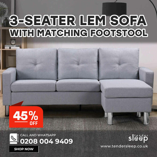 Buy 45% Off | 3 Seater LEM Fabric Sofa With Matching Footstool