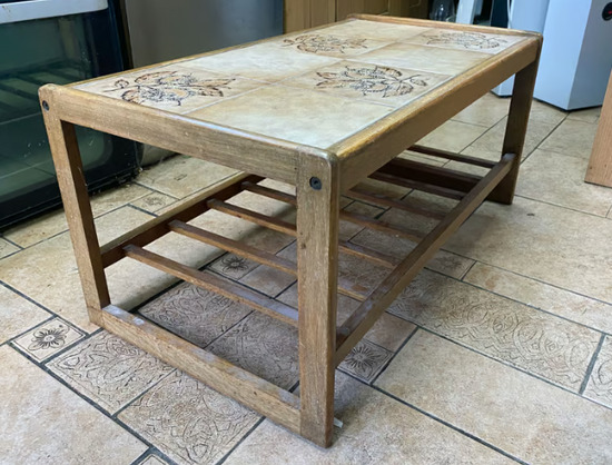 Solid Teak and Tiled Coffee Table with Magazine Rack  0