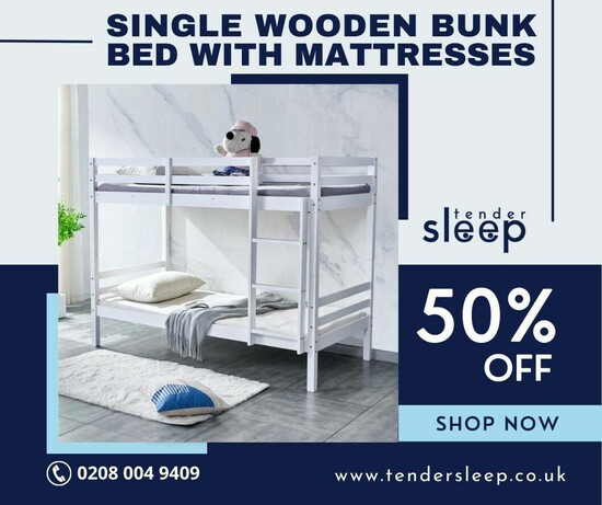 50% OFF - Single Wooden Bunk Bed with Mattresses For Sale  0