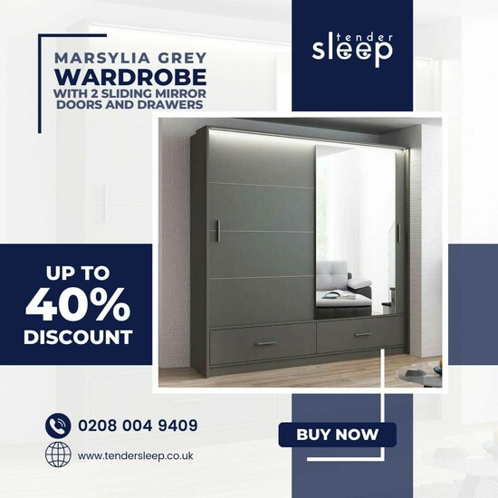 The Marsylia Grey Wardrobe with Sliding Mirror Doors and Drawers up to 40% off  0