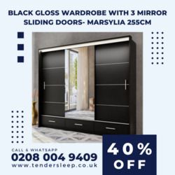 Buy Black Gloss Wardrobe with 3 Mirror Sliding Doors- Marsylia 255cm- Upto 45% OFF