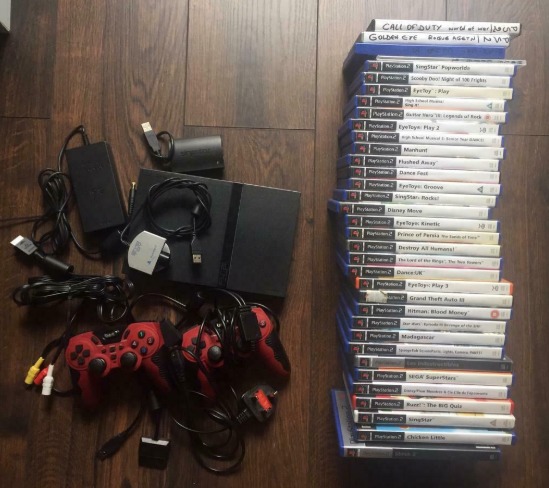 Ps2 Console 2 Remote Controls Eye Toy 7 Memory Cards 36 Games  0