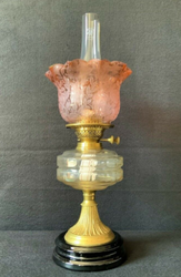 Beautiful 19th Century Victorian Amber Glass Twin Burning Ceramic Table Oil Lamp thumb-232