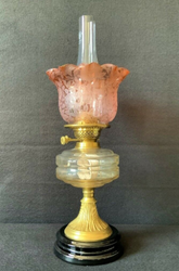 Beautiful 19th Century Victorian Amber Glass Twin Burning Ceramic Table Oil Lamp thumb-230