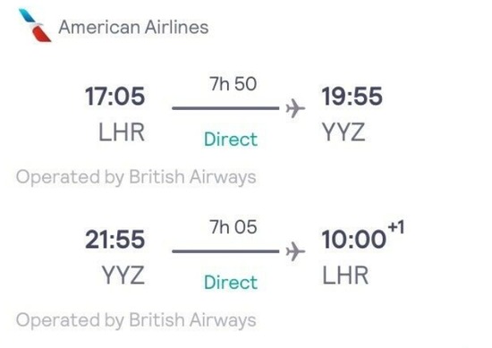 Return Ticket London to Toronto (American Airlines)  0