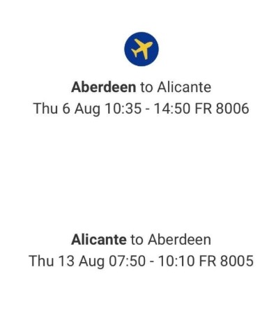 2 X Aberdeen to Alicante Flight Tickets  0