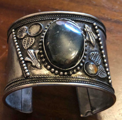 Art Nouveau Deco Vintage Natural Stone Rustic Tone Cuff Bracelet Hand Crafted