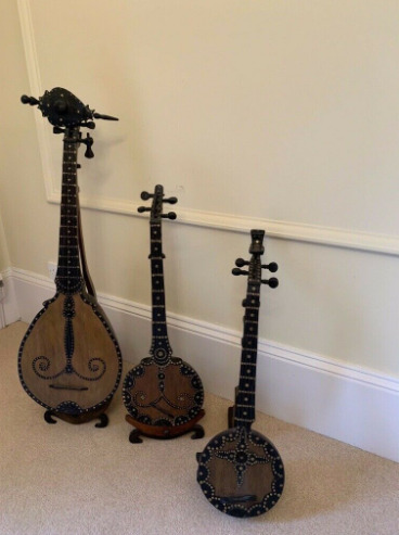 3 x Indonesian String Musical Instruments on Carved Wooden Stands  2