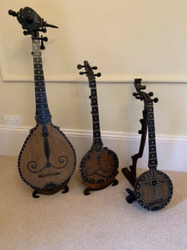 3 x Indonesian String Musical Instruments on Carved Wooden Stands