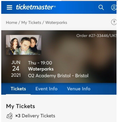 Tickets x 3 Waterparks O2 Acedemy Bristol   0